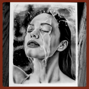 mokra kobieta rysowana ołówkiem na zamówienie przez Justyna Pastalenc portrety ze zdjęcia. Ręcznie rysowany portret na zamówienie – idealny prezent na ślub, dla przyjaciółki, mamy lub rodziców. Pamiątka z wesela, portret z kilku zdjęć lub renowacja starych zdjęć