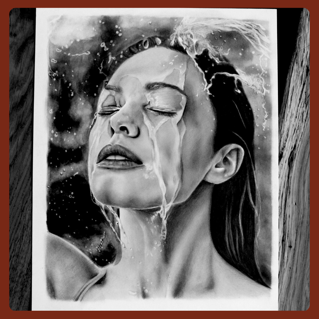 mokra kobieta rysowana ołówkiem na zamówienie przez Justyna Pastalenc portrety ze zdjęcia. Ręcznie rysowany portret na zamówienie – idealny prezent na ślub, dla przyjaciółki, mamy lub rodziców. Pamiątka z wesela, portret z kilku zdjęć lub renowacja starych zdjęć