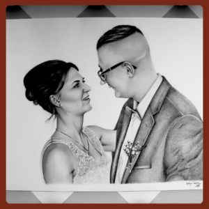 portret narysowany ze zdjęcia ślubnego to piękna pamiętka, wzruszająca która zostanie na całe życie. Ręcznie rysowany portret na zamówienie – idealny prezent na ślub, dla przyjaciółki, mamy lub rodziców. Pamiątka z wesela, portret z kilku zdjęć lub renowacja starych zdjęć