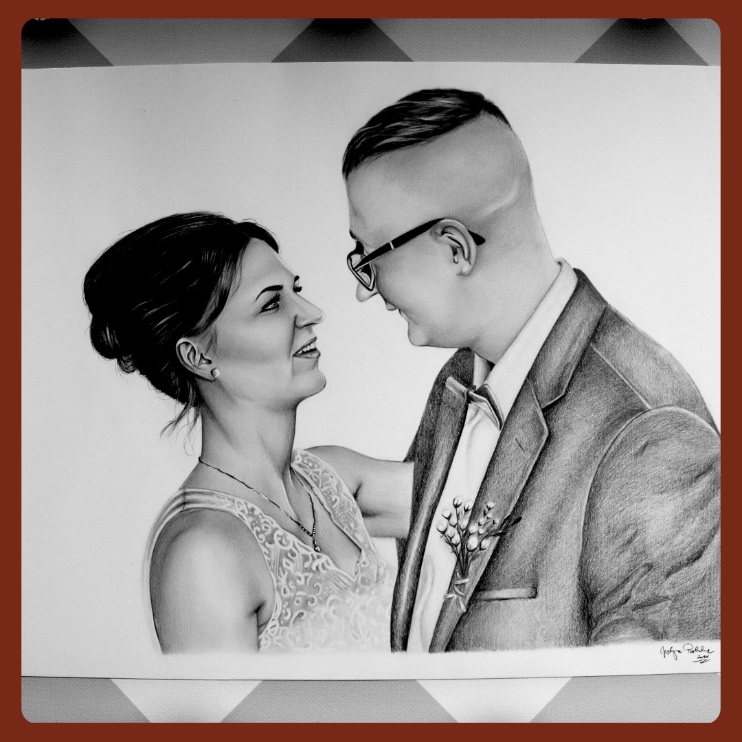 portret narysowany ze zdjęcia ślubnego to piękna pamiętka, wzruszająca która zostanie na całe życie. Ręcznie rysowany portret na zamówienie – idealny prezent na ślub, dla przyjaciółki, mamy lub rodziców. Pamiątka z wesela, portret z kilku zdjęć lub renowacja starych zdjęć