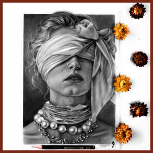 kobieta w chuście narysowana ołówkiem przez Justyna Pastalenc portrety na zamówienie. Ręcznie rysowany portret na zamówienie – idealny prezent na ślub, dla przyjaciółki, mamy lub rodziców. Pamiątka z wesela, portret z kilku zdjęć lub renowacja starych zdjęć