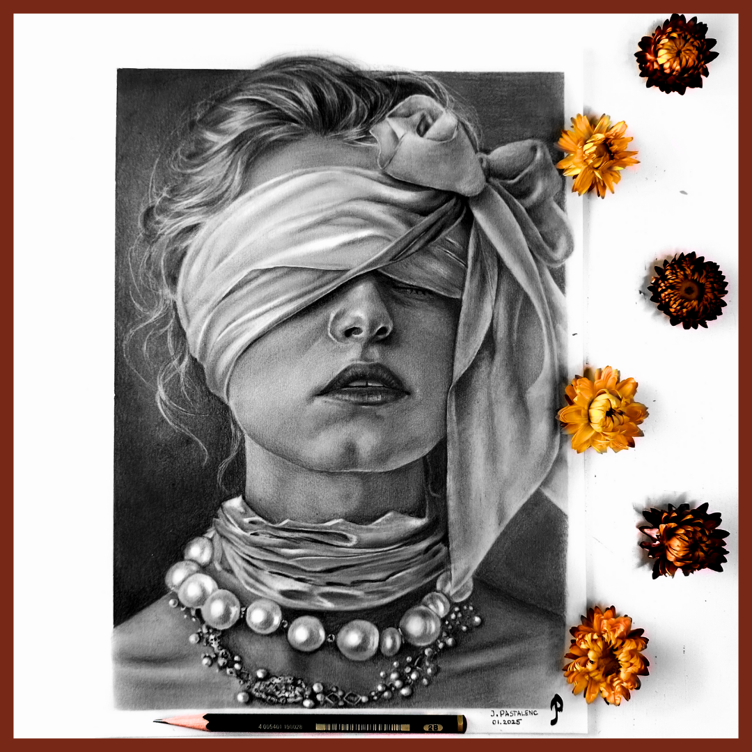kobieta w chuście narysowana ołówkiem przez Justyna Pastalenc portrety na zamówienie. Ręcznie rysowany portret na zamówienie – idealny prezent na ślub, dla przyjaciółki, mamy lub rodziców. Pamiątka z wesela, portret z kilku zdjęć lub renowacja starych zdjęć