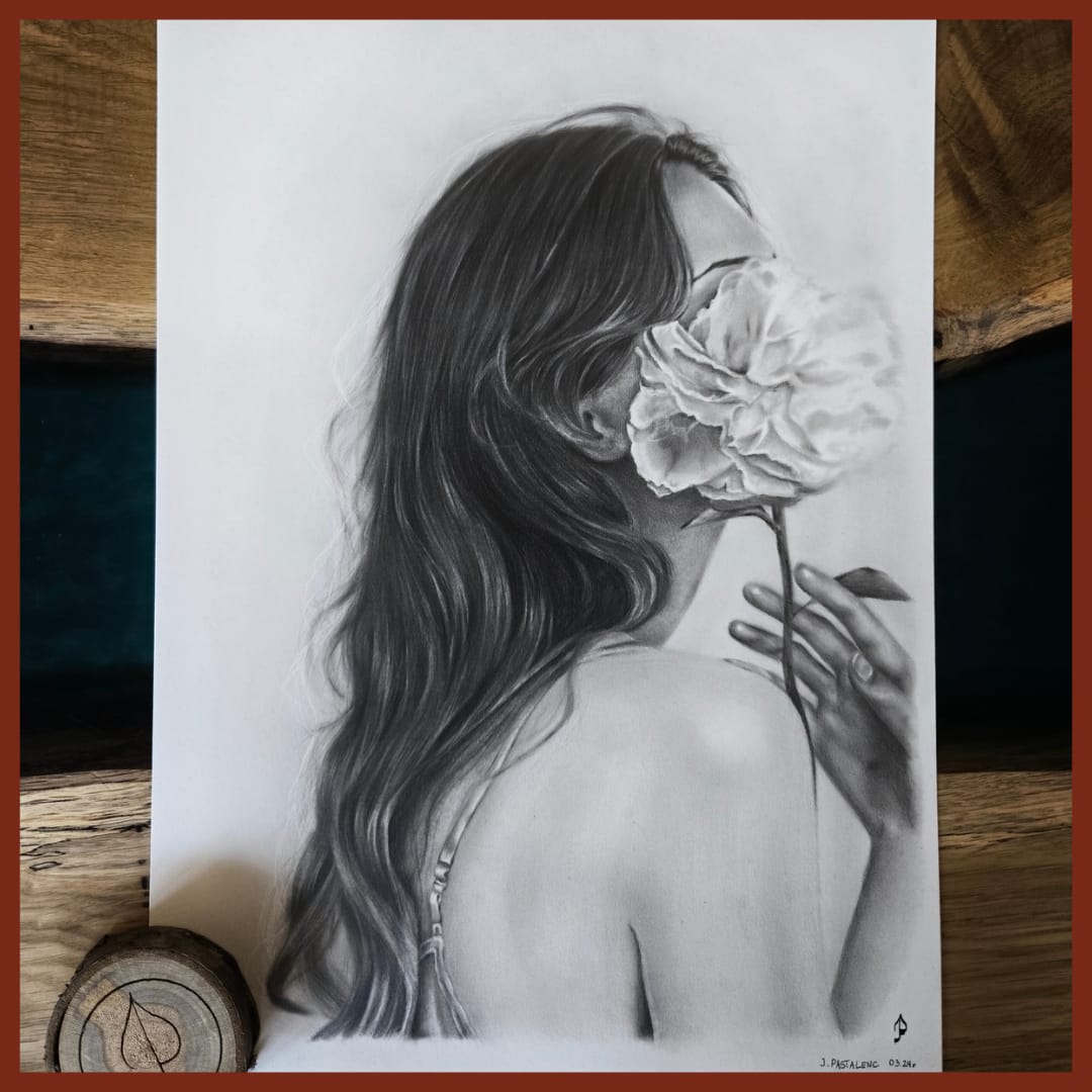 rysunek kobiety z kwiatem narysowanej odręcznie ze zdjęcia. Ręcznie rysowany portret na zamówienie – idealny prezent na ślub, dla przyjaciółki, mamy lub rodziców. Pamiątka z wesela, portret z kilku zdjęć lub renowacja starych zdjęć