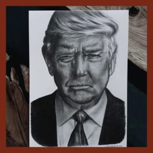 Prezydent USA Donald Trump narysowany przez Justynę Pastalenc. Ręcznie rysowany portret na zamówienie – idealny prezent na ślub, dla przyjaciółki, mamy lub rodziców. Pamiątka z wesela, portret z kilku zdjęć lub renowacja starych zdjęć