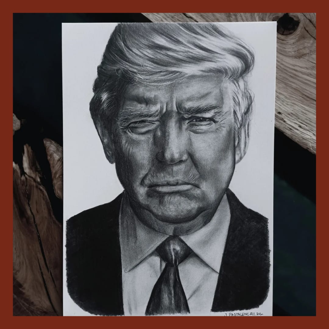 Prezydent USA Donald Trump narysowany przez Justynę Pastalenc. Ręcznie rysowany portret na zamówienie – idealny prezent na ślub, dla przyjaciółki, mamy lub rodziców. Pamiątka z wesela, portret z kilku zdjęć lub renowacja starych zdjęć